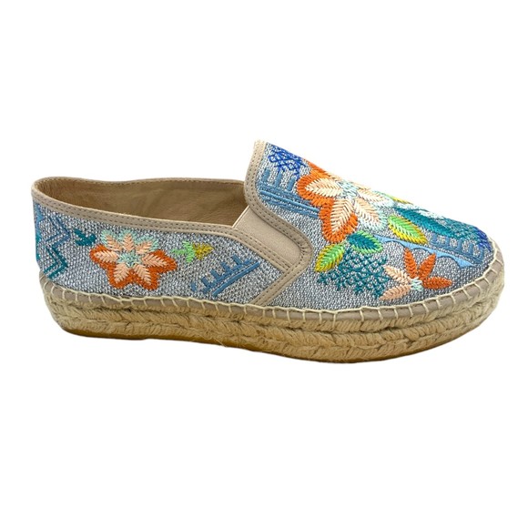 Johnny Was Silver Metallic Floral Embroidered Elysia Espadrilles Size 41 - Picture 8 of 10